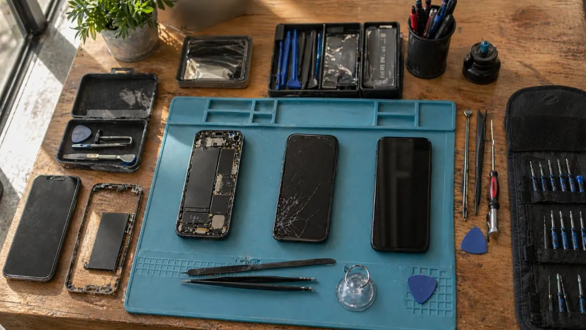 An independent neighborhood phone repair workbench with multiple smartphones in various states, a blue silicone work mat, and a full set of precision repair tools