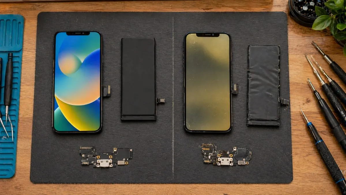 Side-by-side comparison of high-quality phone repair parts on the left — vivid OLED screen, fresh battery, clean charging port — and visibly cheaper aftermarket versions on the right with a dimmer yellow-tinted screen and thinner battery