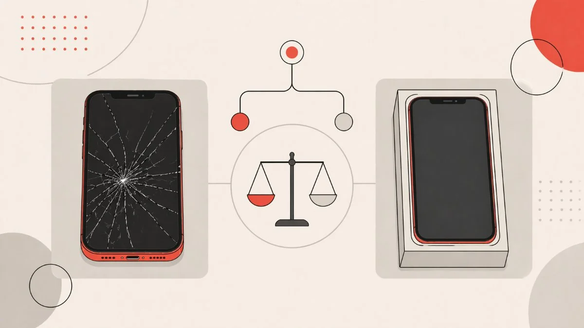 Flat illustration weighing a cracked iPhone on one side against a sealed new phone box on the other, representing the repair-or-replace choice