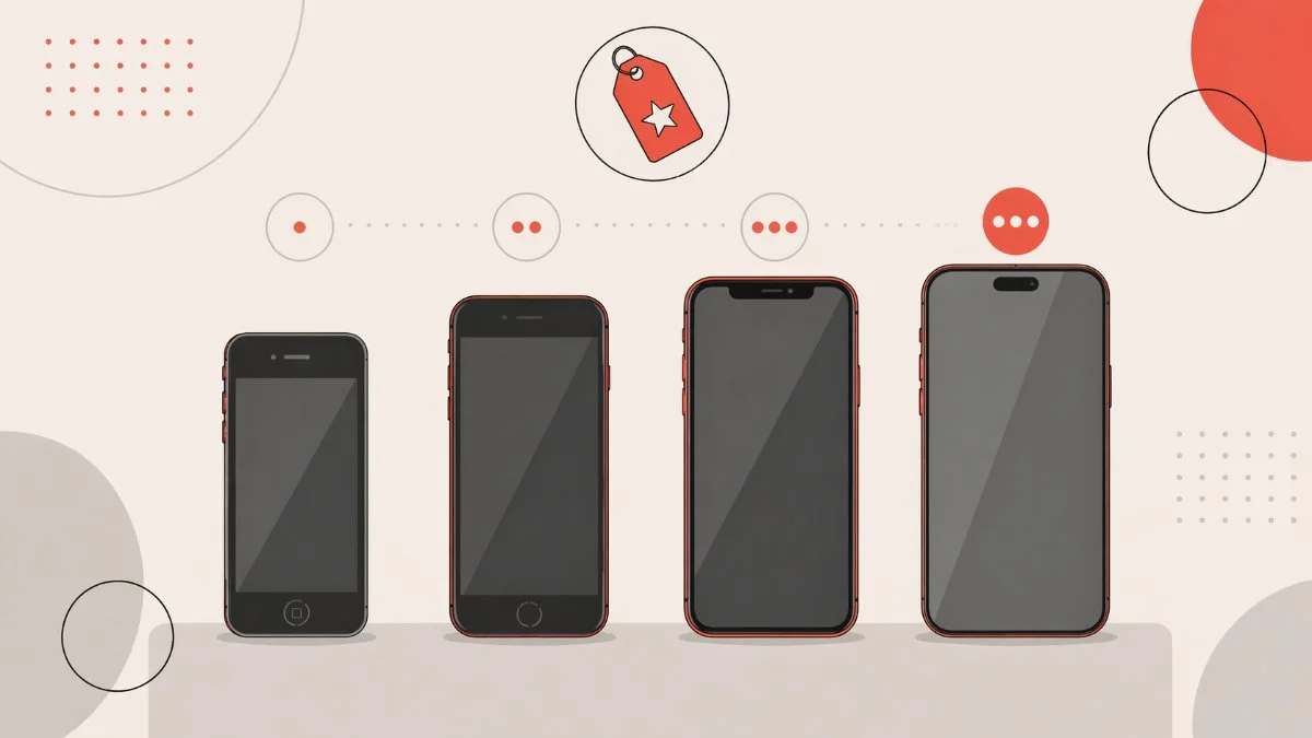 Flat illustration showing four generations of iPhone in a row from oldest to newest, with price tag and value indicator dots above each