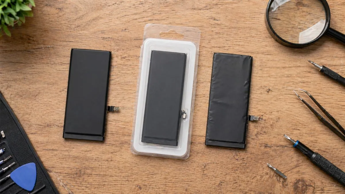 Three iPhone battery cells side by side on a wooden workbench — OEM, quality aftermarket, and a thinner budget option — with repair tools and a magnifying glass