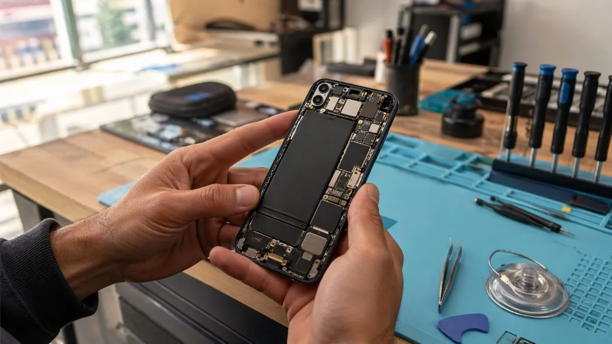 Technician holding an opened iPhone with the back removed, exposing the battery and logic board at a Sydney repair workbench