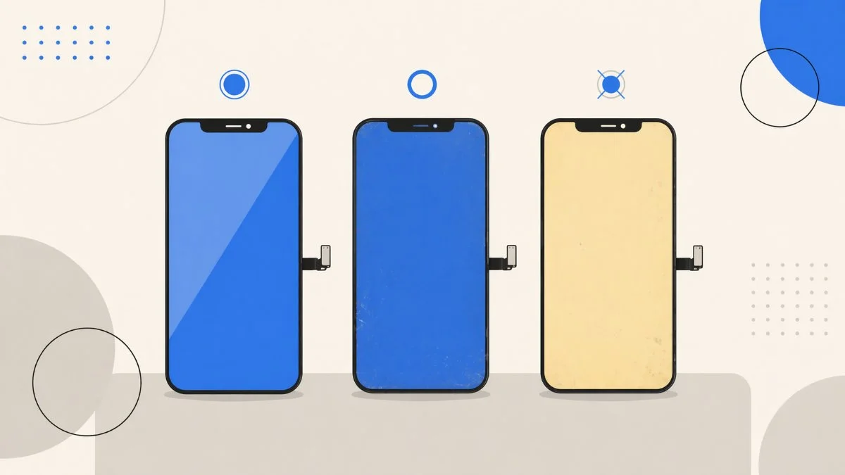 Flat illustration of three iPhone screens side by side, comparing OEM, high-grade aftermarket, and budget aftermarket quality
