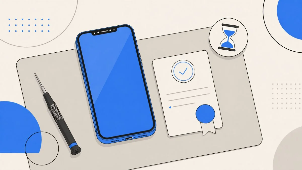 Flat illustration of a repaired iPhone with a warranty card, tick mark, and hourglass symbol indicating a time-backed guarantee
