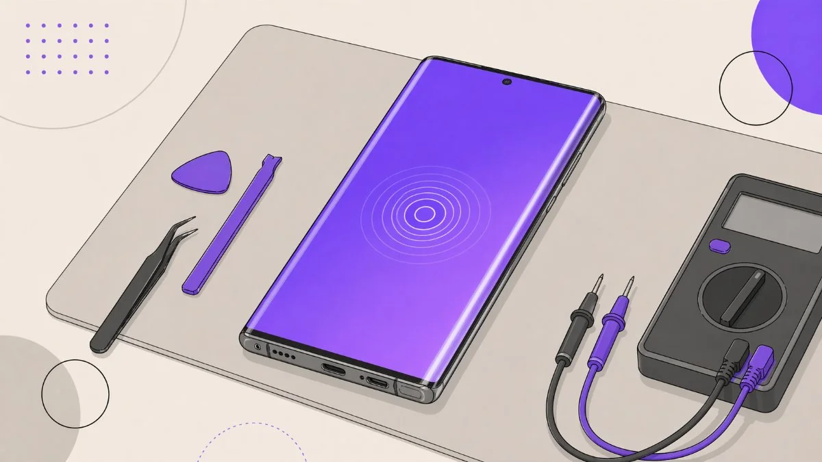 Flat illustration of a post-repair test bench — Samsung Galaxy on a mat displaying a test pattern, a multimeter probe, tweezers and opening tools beside it