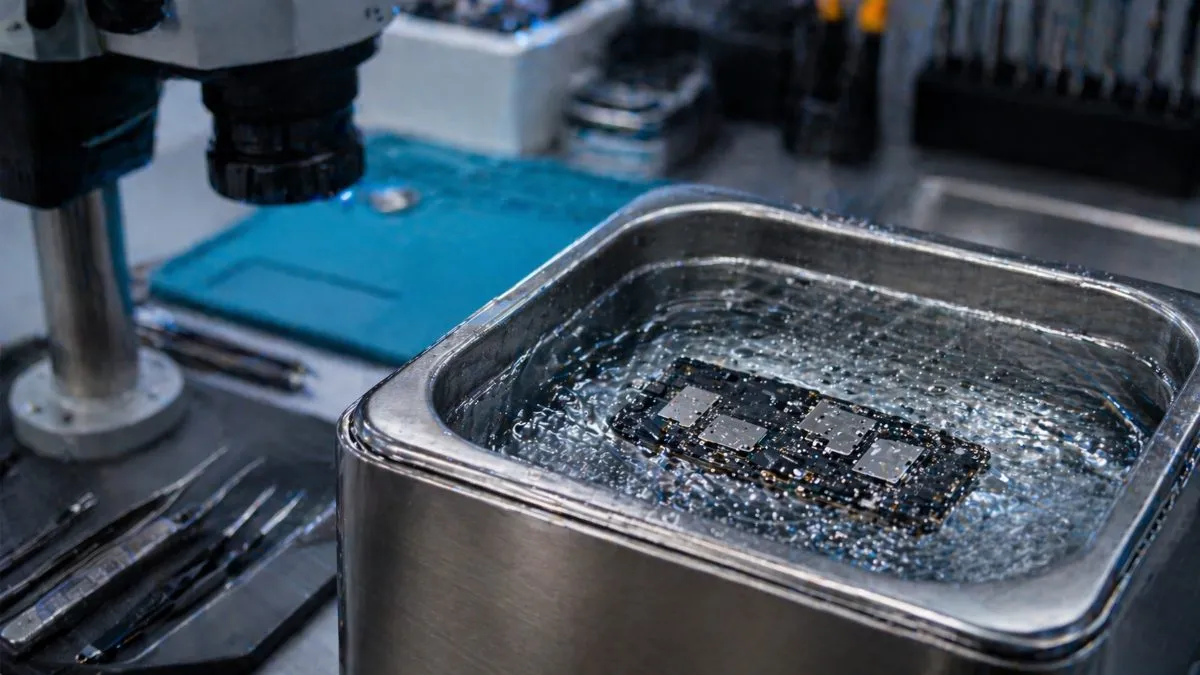 A smartphone logic board submerged in a stainless steel ultrasonic cleaner with visible bubbles, next to a microscope and precision tools